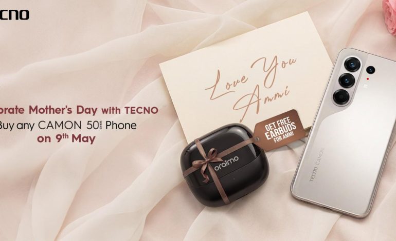 TECNO Mother’s Day campaign banner showing a CAMON 50 Series phone, free Oraimo earbuds gift, and “Love You Ammi” card for the 9th May offer.